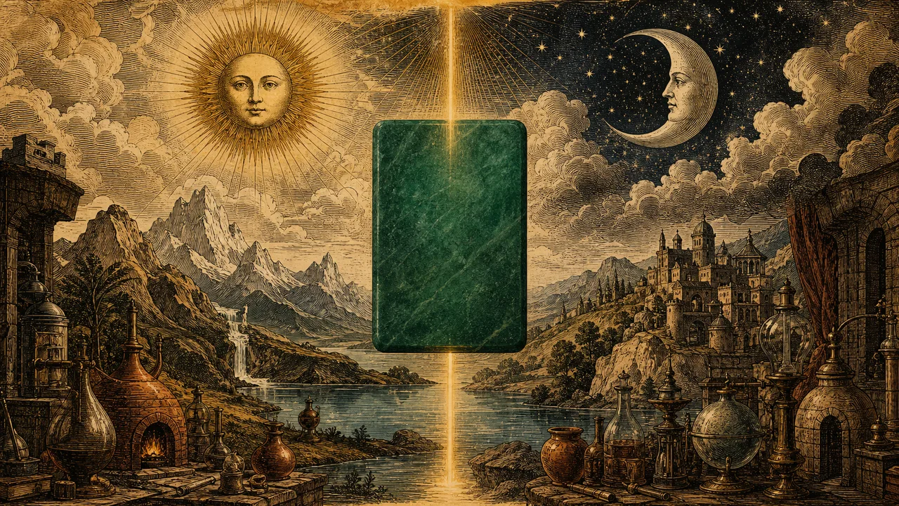 Tabla de Esmeralda entre los símbolos del Sol, la Luna, el cielo y la tierra.