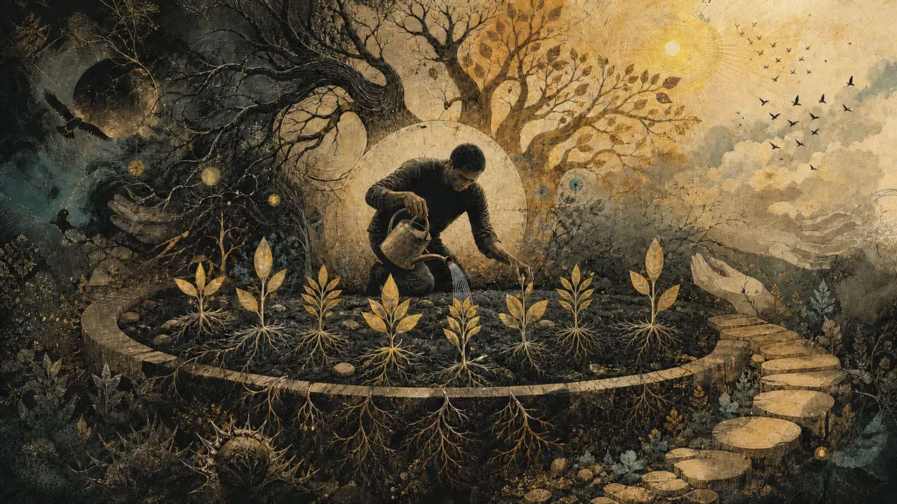 Una persona adulta cultiva plantas doradas mientras las raíces oscuras se convierten en un árbol iluminado
