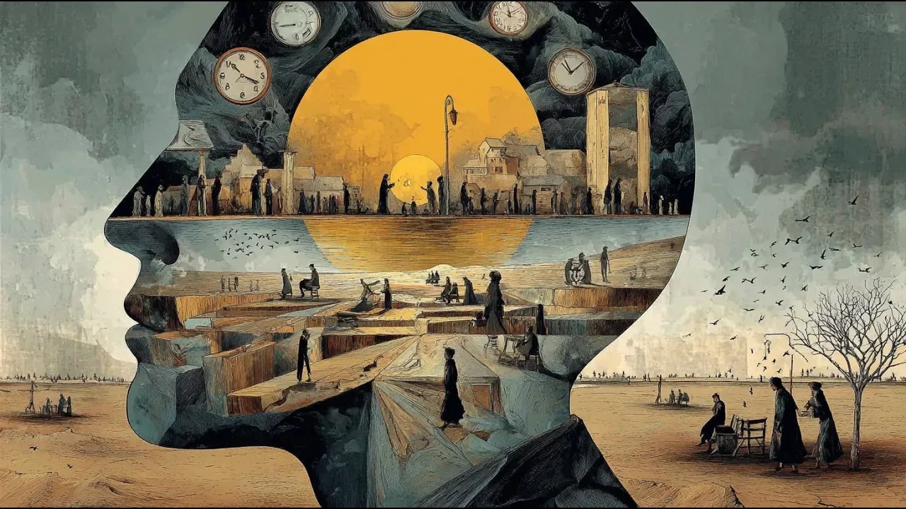 Silueta de una cabeza que contiene un paisaje silencioso al atardecer.