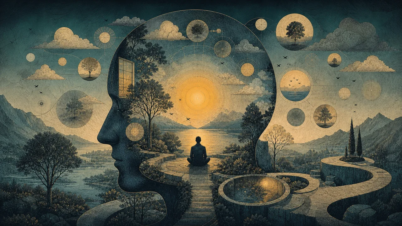 Silueta de una persona meditando en posición de loto, con la mente representada por un paisaje natural.