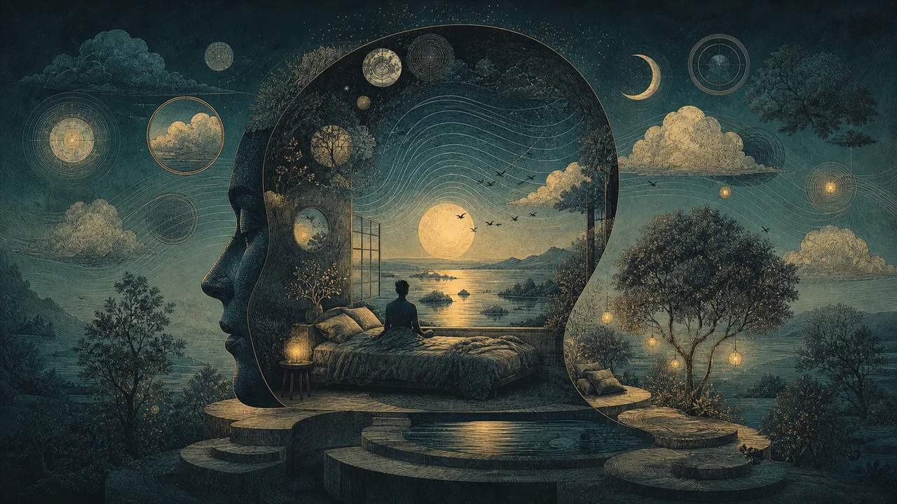 Persona que practica atención plena en la cama por la noche mientras los pensamientos suaves se disipan hacia el cielo con la luna