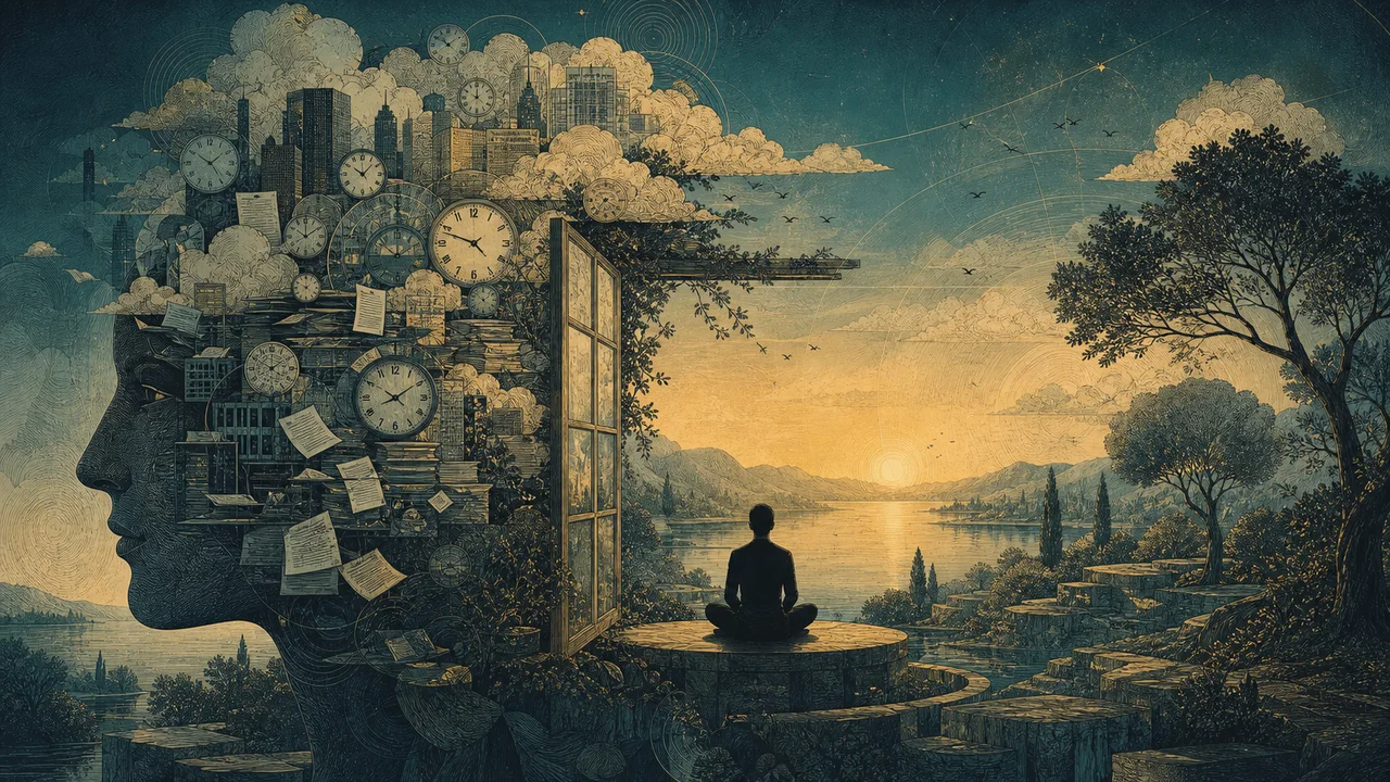Persona que practica mindfulness en medio de tareas y pensamientos mentalmente abrumadores organizándose en un ambiente tranquilo