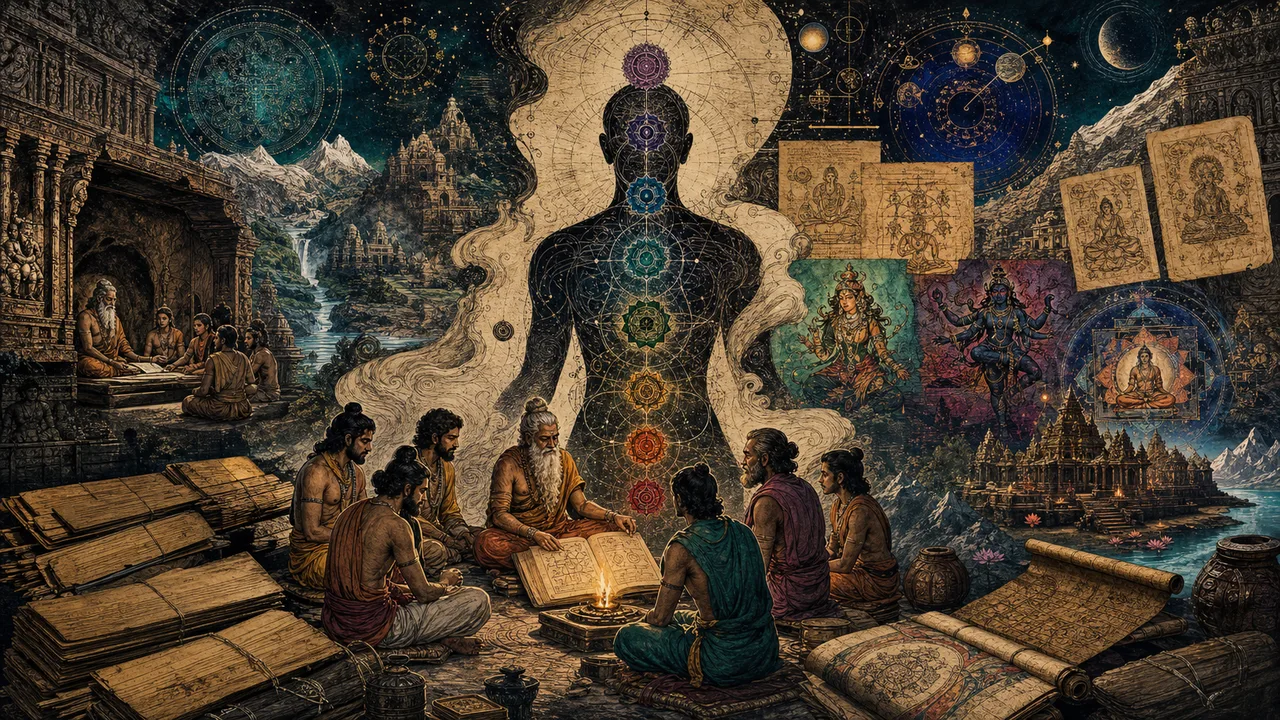 Representación simbólica del origen del conocimiento sobre los chakras en las antiguas tradiciones indias.