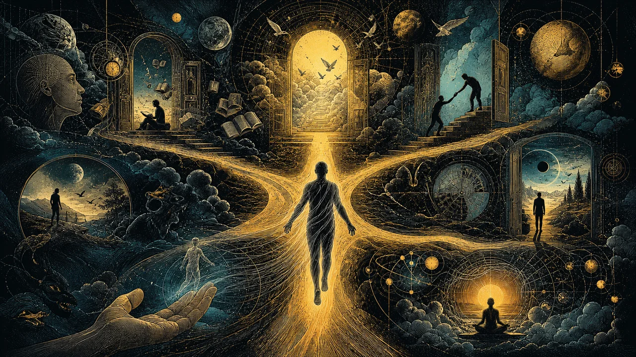 Conciencia luminosa que se proyecta fuera del cuerpo físico durante el sueño, con escenas de aprendizaje espiritual por todas partes.