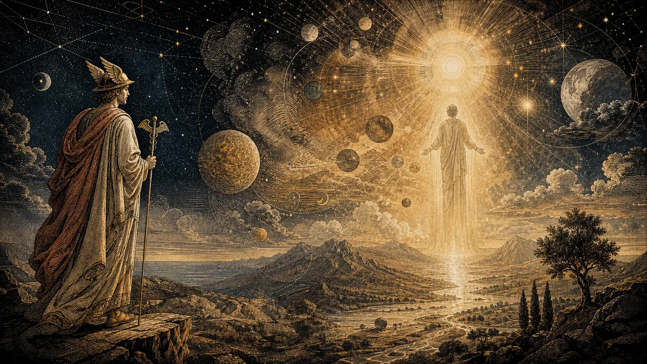 Hermes ante Poimandres contemplando la creación del cosmos y el origen espiritual del ser humano