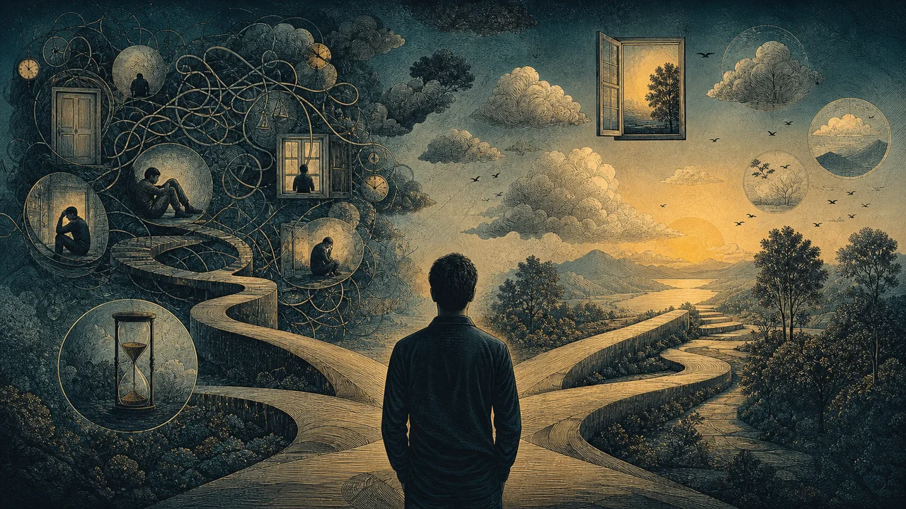 Persona que practica mindfulness con pensamientos dispersos, lo que representa dificultades comunes en la práctica.