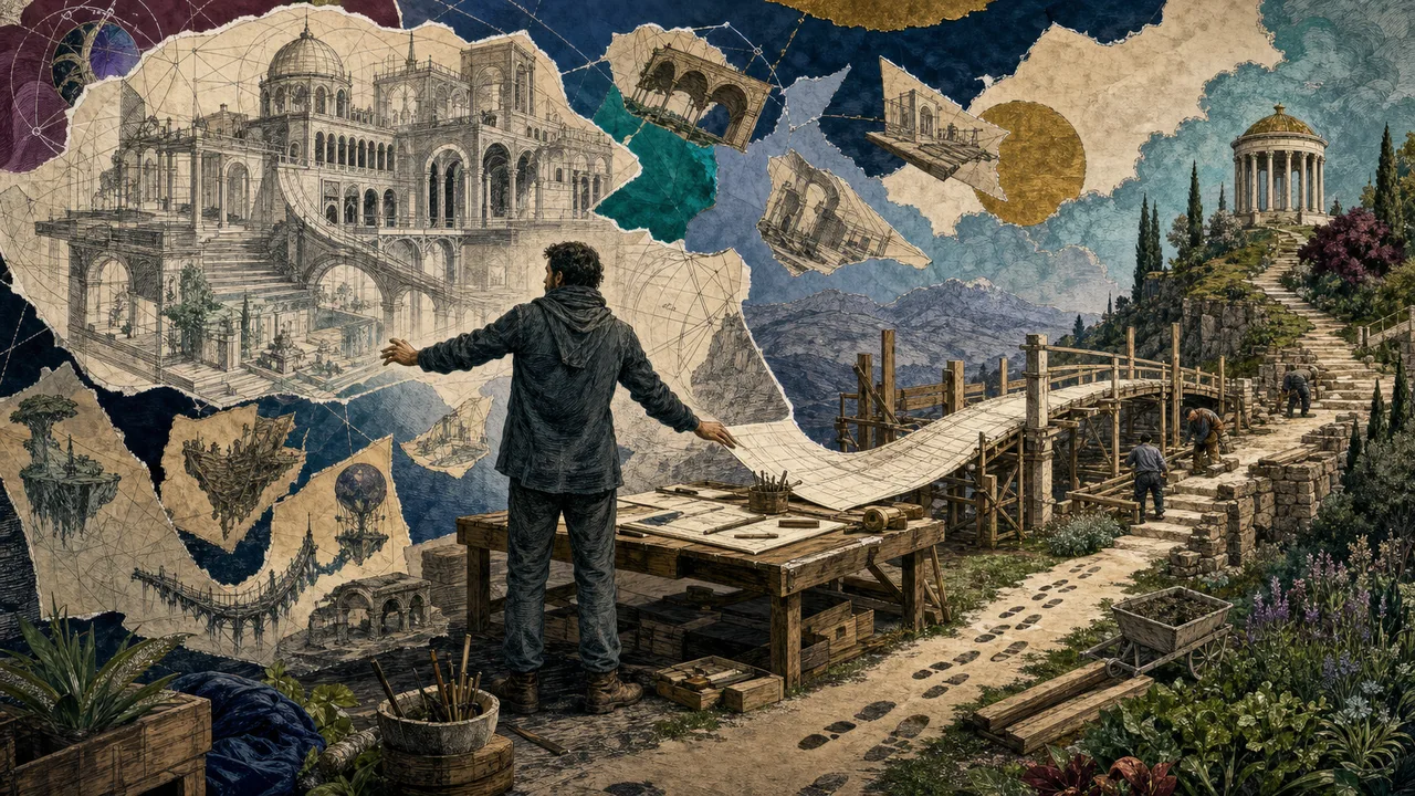 Persona que alinea pensamientos, corazón, manos y camino para representar la cocreación más allá de la visualización mental
