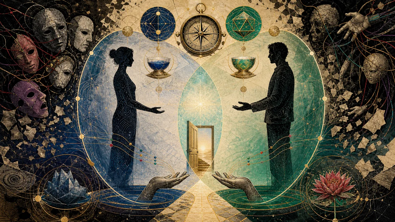 Sesión de terapia vibracional con símbolos de cuidado, equilibrio y responsabilidad ética.