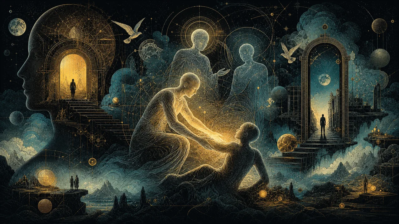 Conciencias luminosas acogiendo a una persona en sufrimiento durante una actividad de asistencia espiritual en el plano astral.