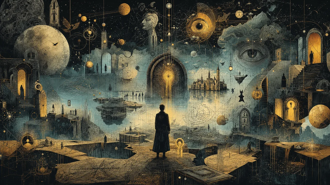 Representación del plano astral con regiones luminosas, caminos sutiles y consciencias en diferentes rangos vibratorios