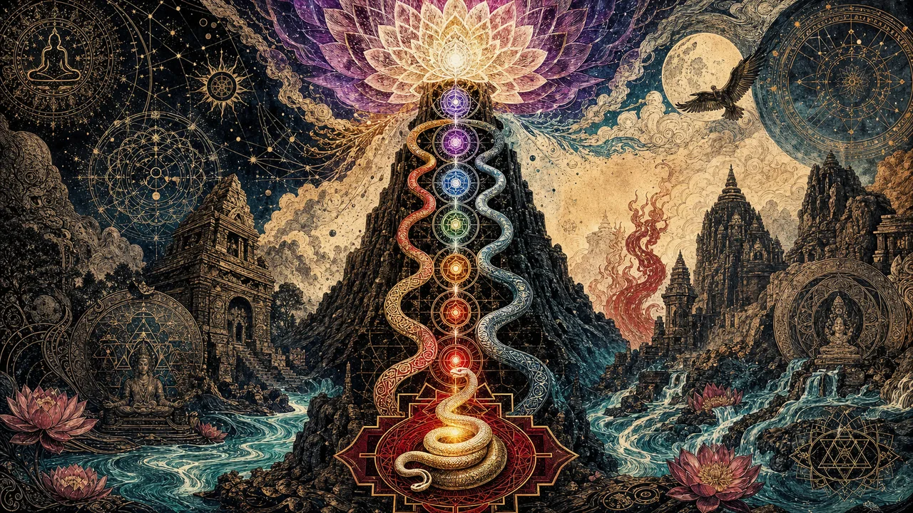 Persona meditando con energía luminosa subiendo por la columna y pasando por los siete chakras.