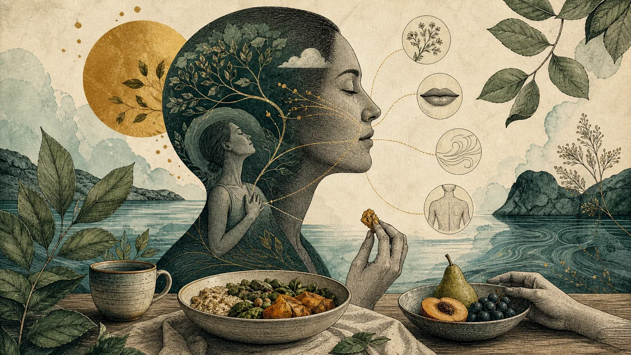 Persona que practica una alimentación consciente en una comida sencilla y tranquila.