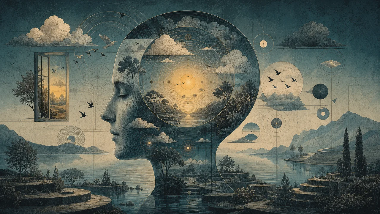 Persona en meditación consciente con líneas suaves que representan la respiración, la atención y la presencia en el momento actual.