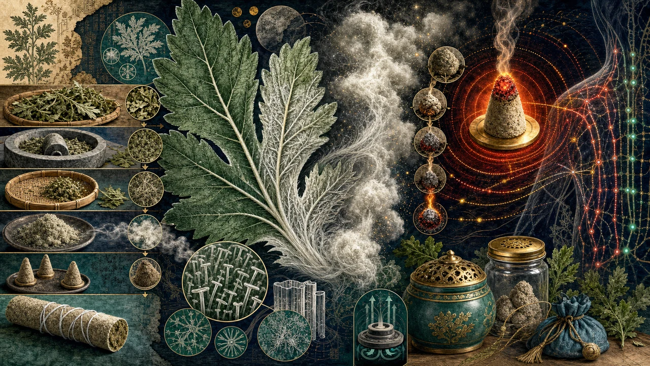 Composición surrealista sobre la artemisa y la producción de moxa.