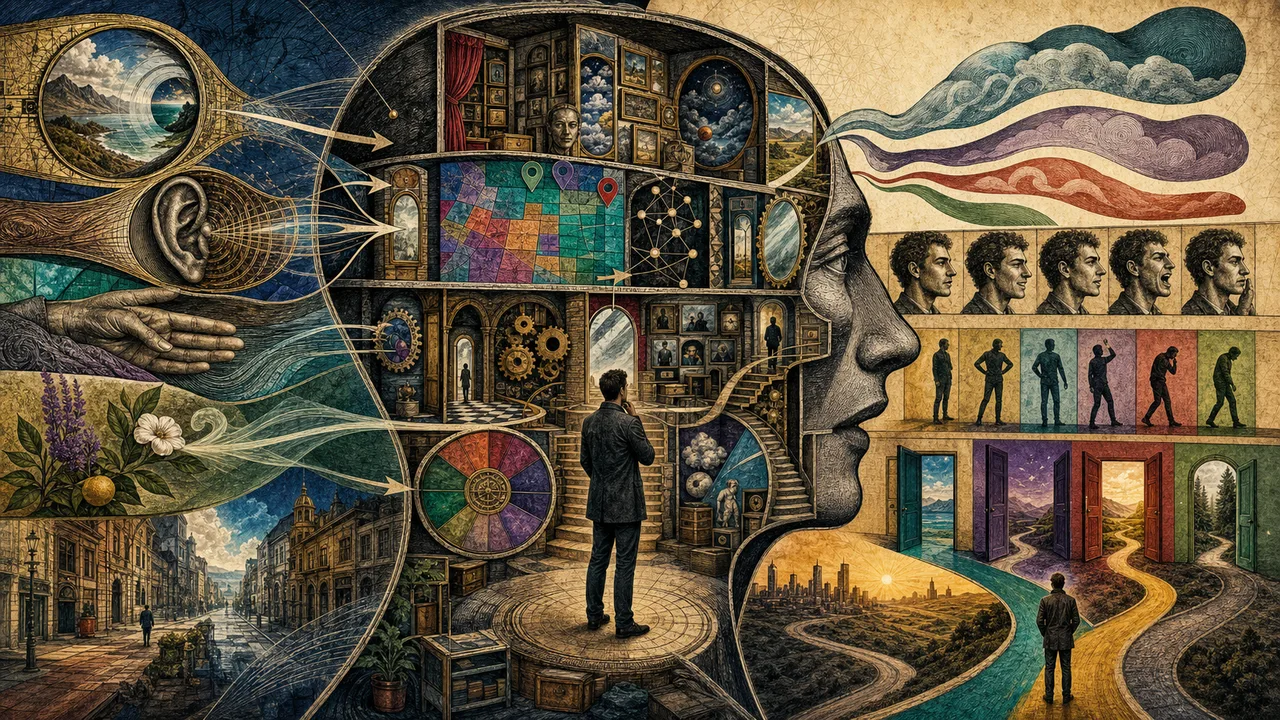 Persona reflexionando con conexiones entre mente, lenguaje, sentidos y comportamiento.