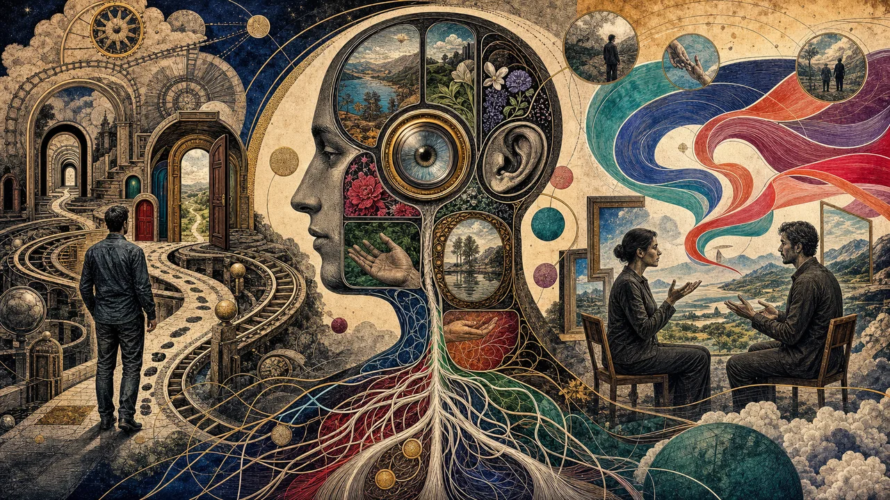 Persona reflexionando con conexiones entre cerebro, sentidos, lenguaje y comportamiento.