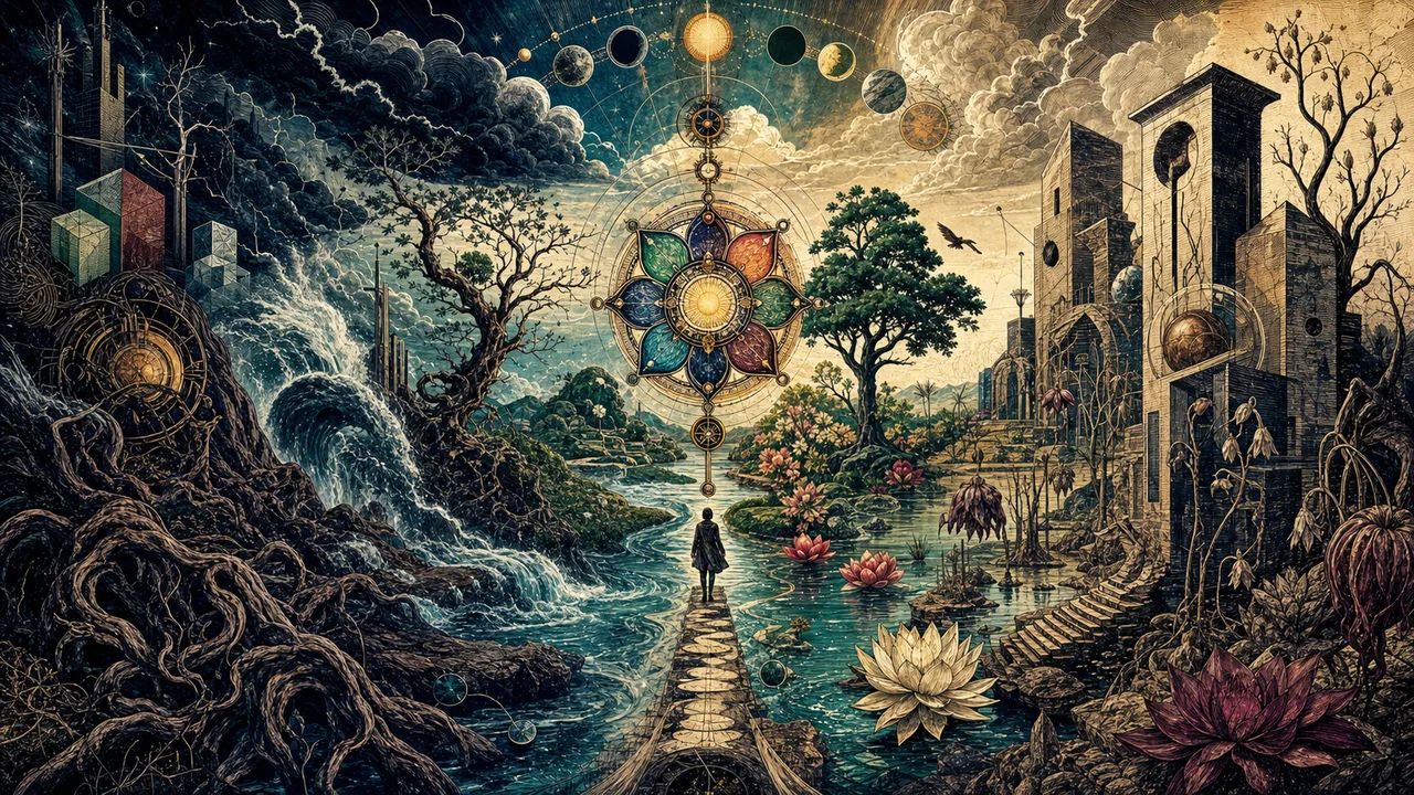 Persona en meditación con siete chakras alineados y energía equilibrada en un ambiente espiritual sereno