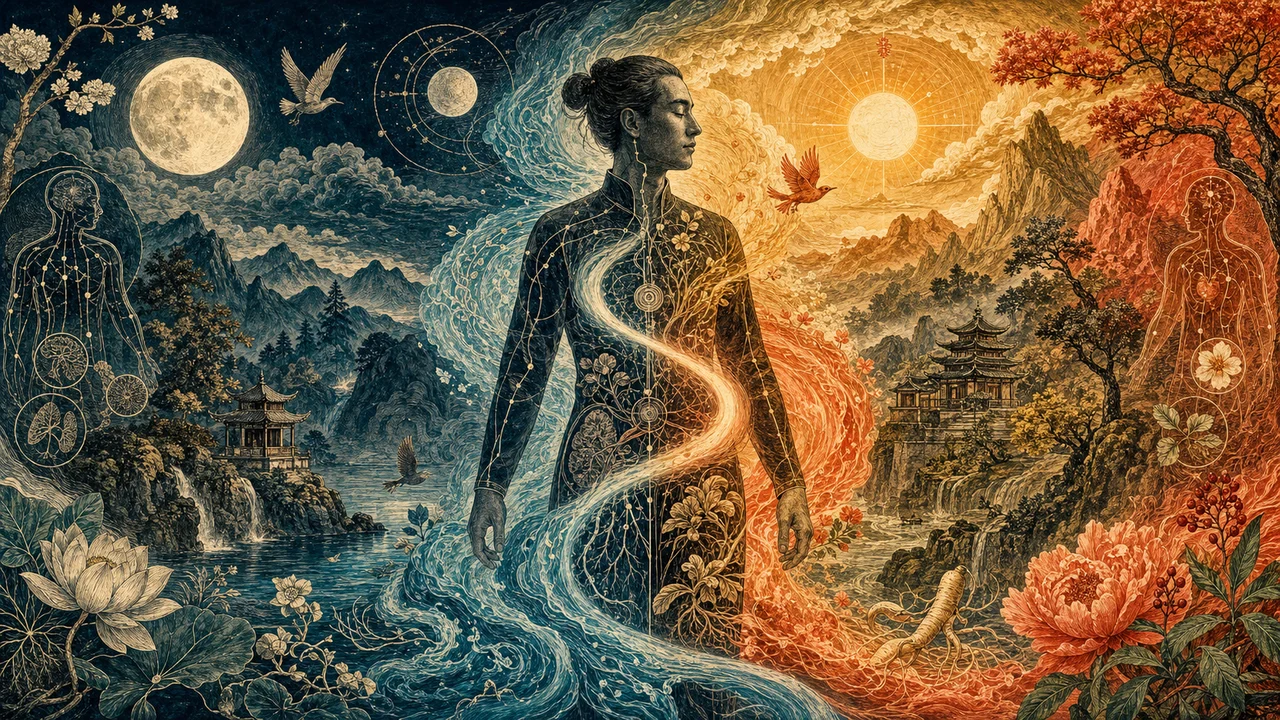 Representación del Yin y Yang con paisajes de noche y día, descanso y movimiento integrados en el cuerpo humano.