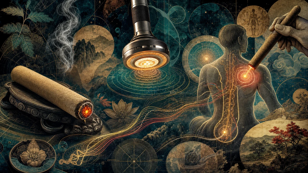 Composición surrealista sobre moxa sin humo, moxa eléctrica y moxoterapia termosensible.