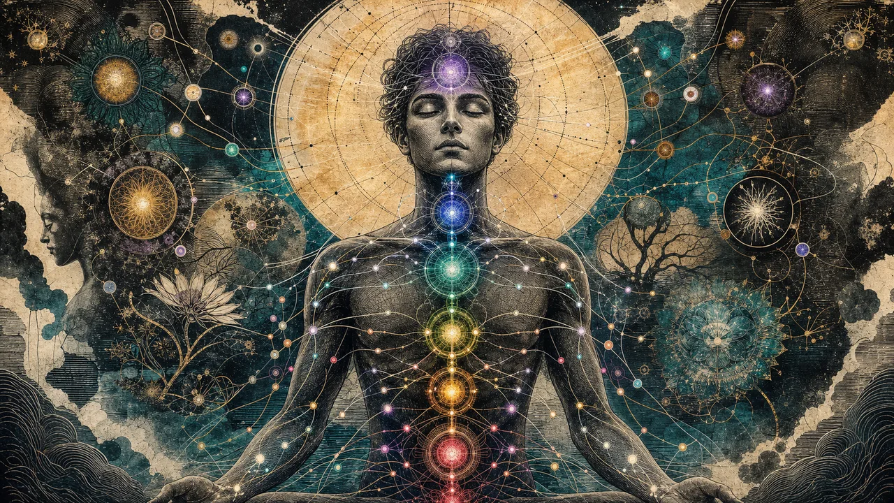 Cuerpo energético con pequeños centros luminosos organizados en chakras y canales energéticos.