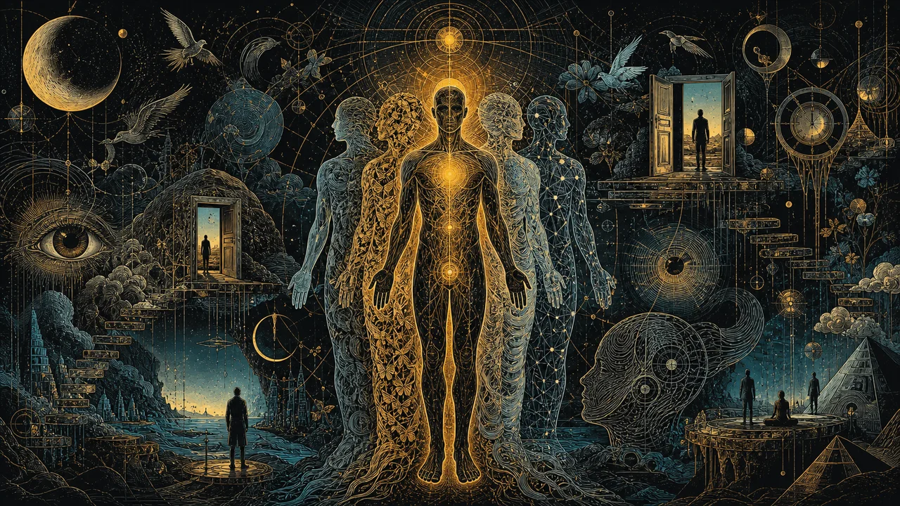 Representación de cuerpos espirituales como capas sutiles de conciencia en diferentes dimensiones.