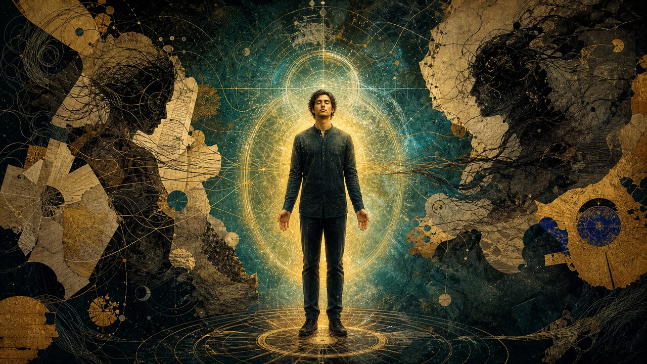 Persona con campo de energía iluminado y una presencia sutil a su lado que representa influencia espiritual.