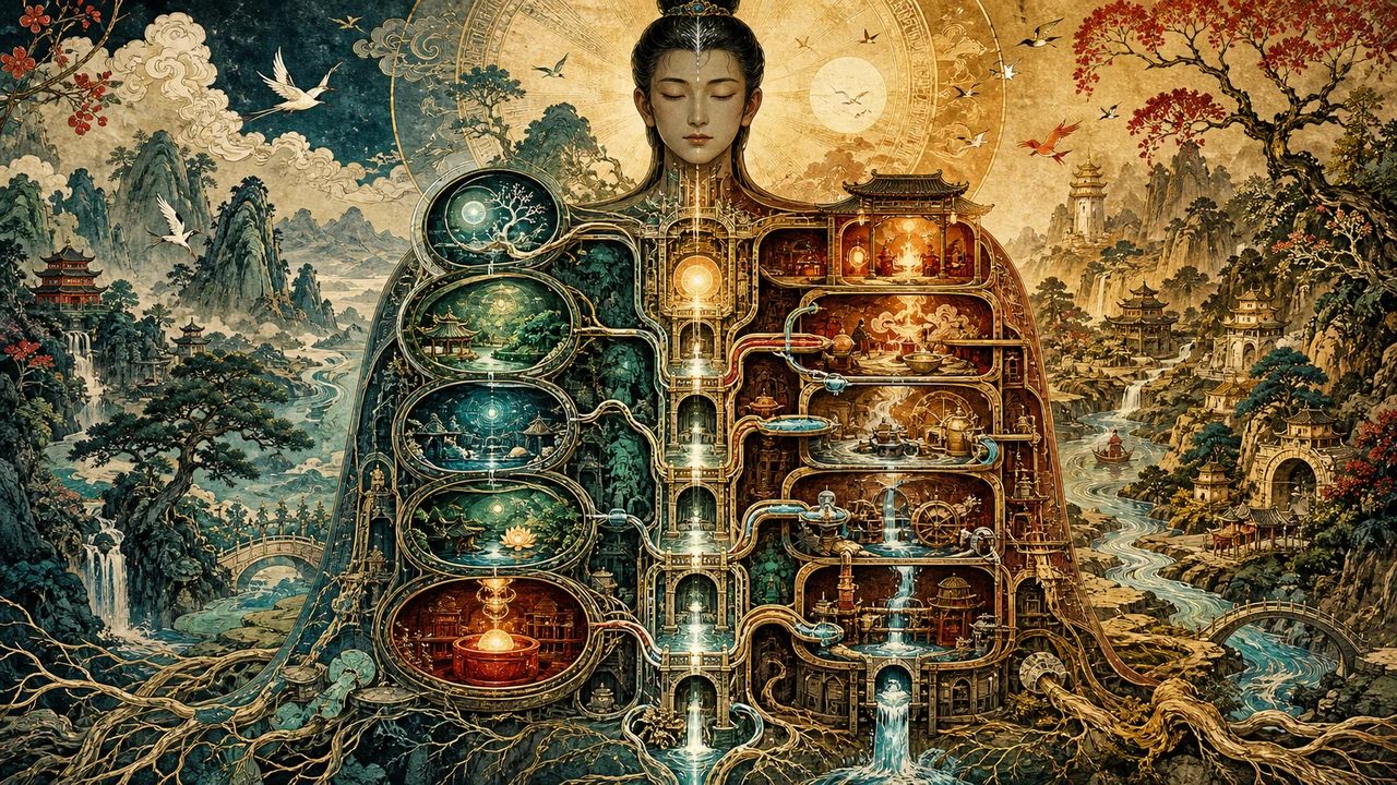 Representación surrealista de los órganos Zang y vísceras Fu como sistemas complementarios de la Medicina China