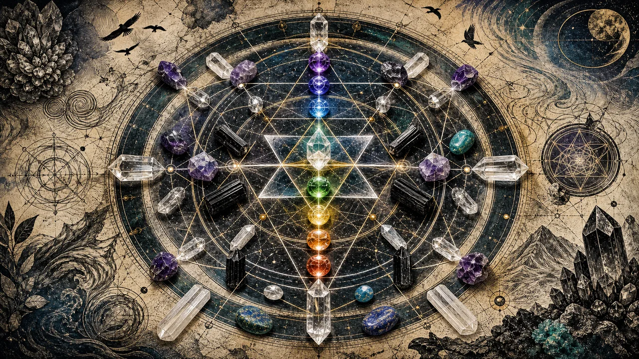 Rejilla de cristales en geometría energética para protección, chakras y armonización.