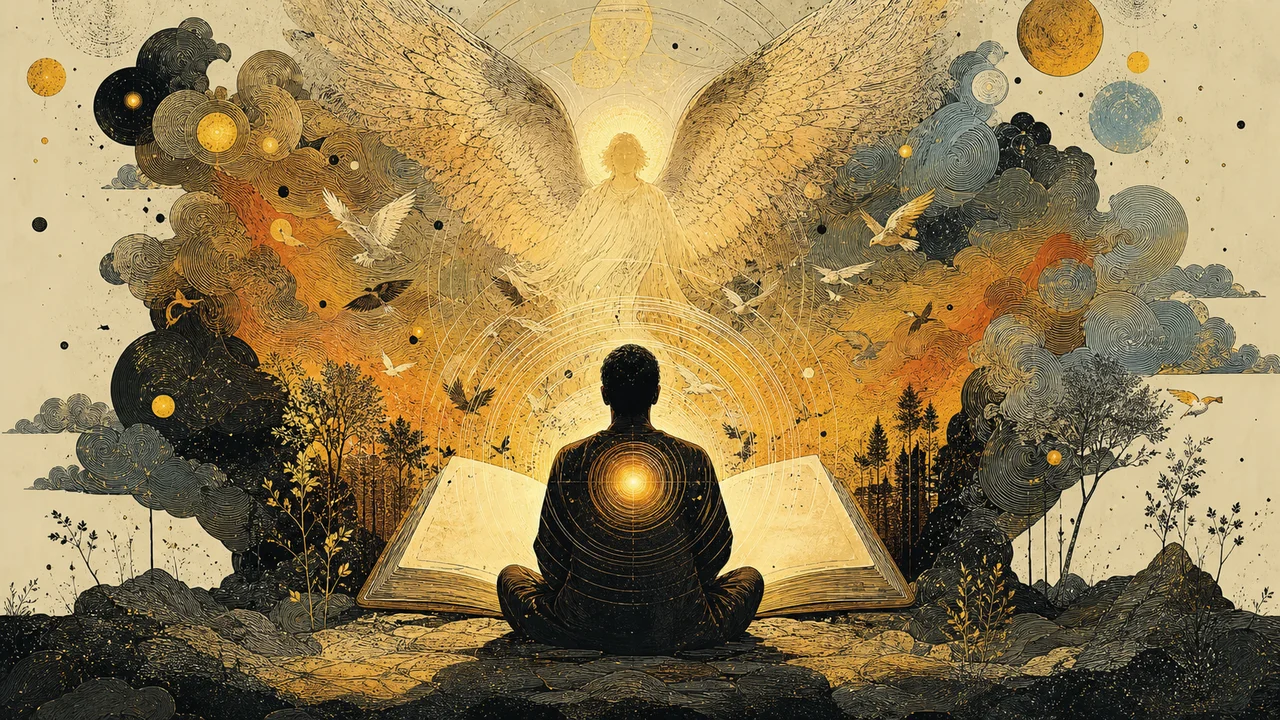 Libro abierto con ondas de luz que se elevan hacia una presencia angelical.