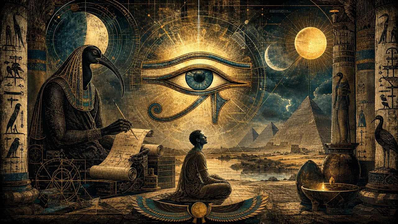 Escena simbólica egipcia con el Ojo de Horus, Thoth y visión espiritual interior