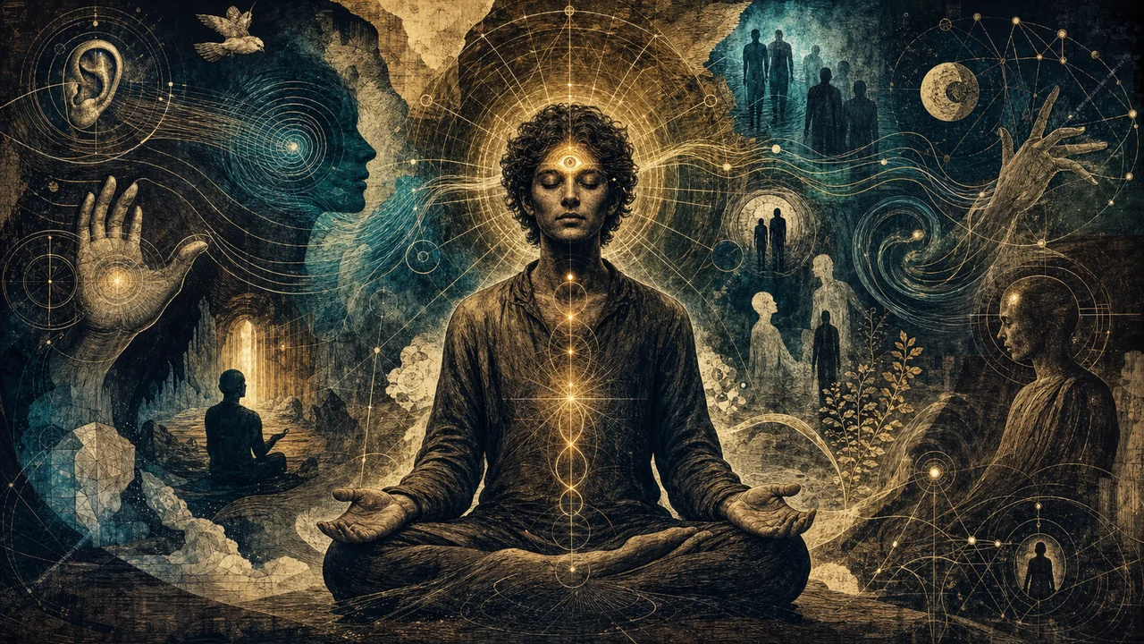 Persona en meditación con luz en el tercer ojo y símbolos de diferentes formas de mediumnidad alrededor