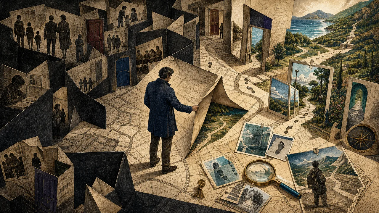 Persona observando estructuras mentales que representan creencias limitantes y nuevos caminos posibles.