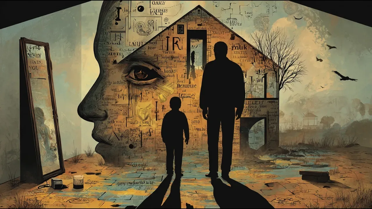 Niño y adulto frente a una casa hecha de recuerdos y creencias de la infancia.